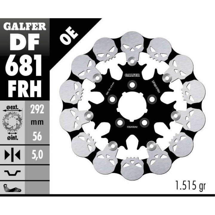 GALFER tarcza hamulcowa przód / tył harley-davidson (292X56X5) pływająca skull (wzór czaszki)