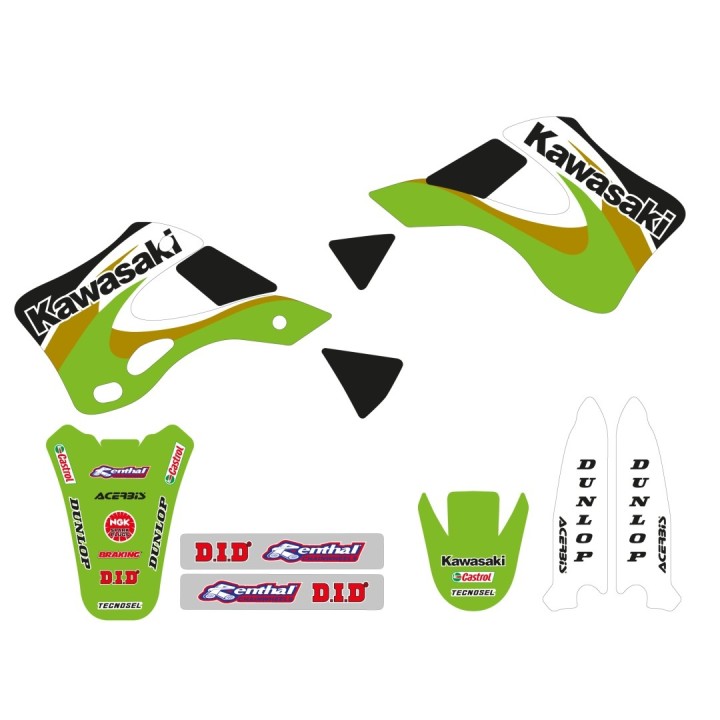 Plastiki i naklejki TECNOSEL (blackbird) komplet naklejek (oklein) kawasaki kx 125/250 '99-'02, replica oem kawasaki '00