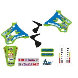 Plastiki i naklejki TECNOSEL (blackbird) komplet naklejek (oklein) + pokrowiec/poszycie na siedzenie kawasaki kx 125/250 '94-'9…