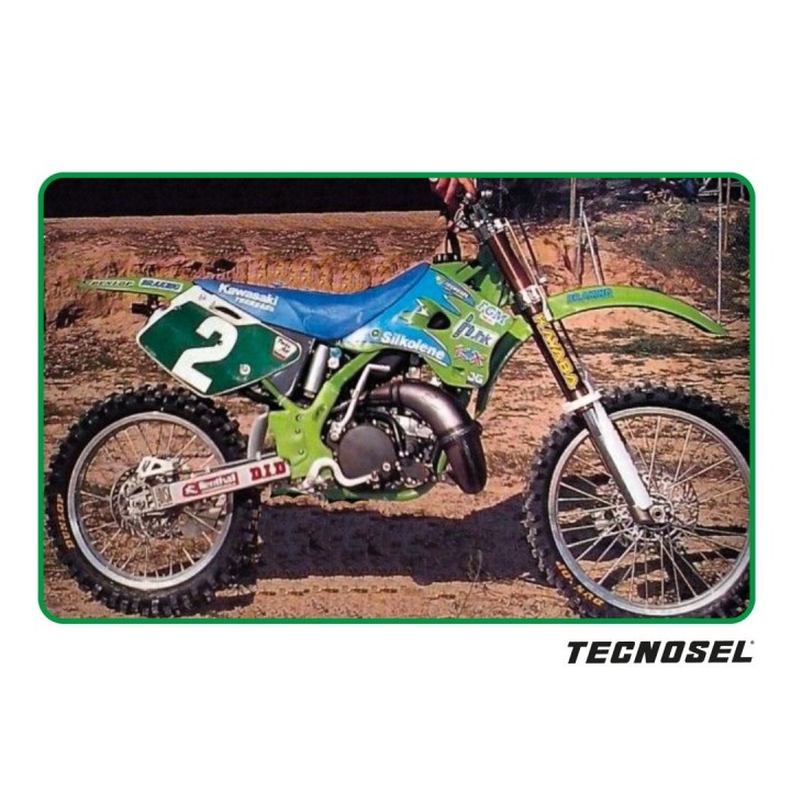 Plastiki i naklejki TECNOSEL (blackbird) komplet naklejek (oklein) + pokrowiec/poszycie na siedzenie kawasaki kx 125/250 '94-'9…