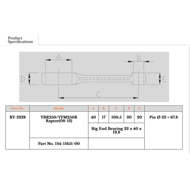 Silnik ROYAL RODS korbowód yamaha yfm 250R raptor '08-'13, xt 250 '13-'22, ybr 250 (OEM.1S4-11651-00)