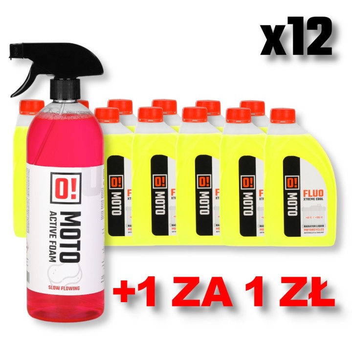 Omoto zestaw 12 sztuk płyn do chłodnic 1L o! fluo xtreme cool + omoto płyn do mycia motocykli (piana aktywna) 1L o! active foam