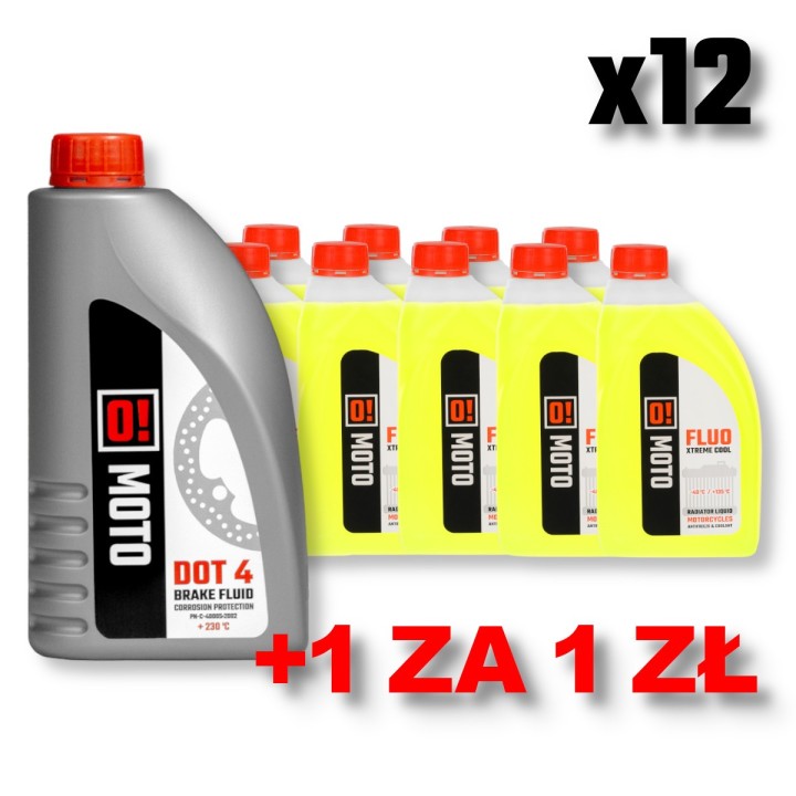 Omoto zestaw 12 sztuk płyn do chłodnic 1L o! fluo xtreme cool + omoto płyn hamulcowy DOT-4 o! braik fluid 455G