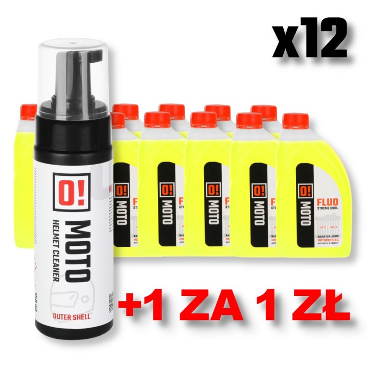 Omoto zestaw 12 sztuk płyn do chłodnic 1L o! fluo xtreme cool + omoto pianka do mycia kasku 150ML o! foam fresh helmet cleaner