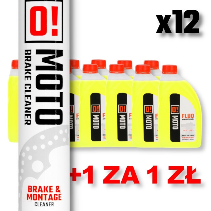 Omoto zestaw 12 sztuk płyn do chłodnic 1L o! fluo xtreme cool + omoto spray zmywacz do hamulców 750ML o! brake cleaner and mont…