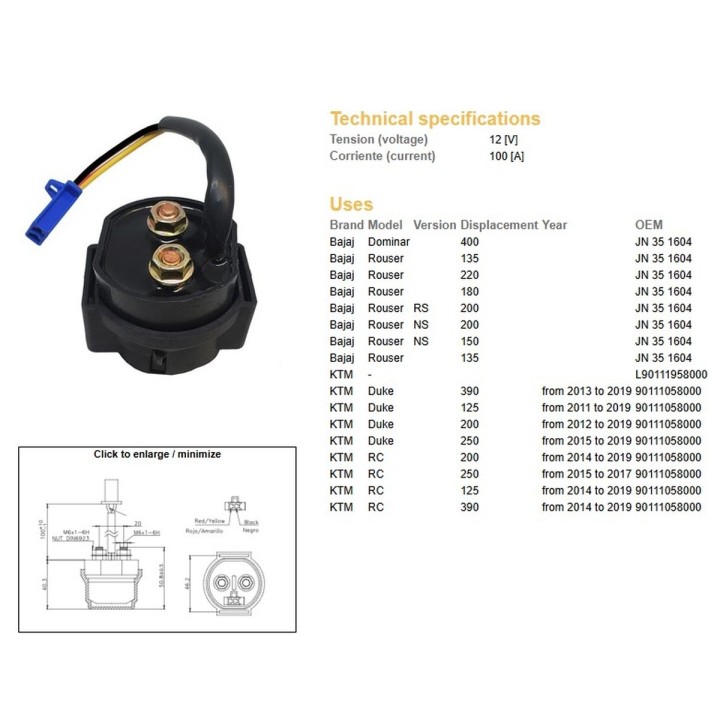 DZE przekaźnik rozrusznika ktm duke 125/200/250/390 '11-'19; rc 125/200/250/390 '14-'19 (oem 90111058000) (100A)