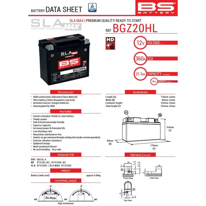 BS BATTERY BS 2026/01 akumulator BGZ20HL max (fa) (YTX20HL,YTX20L-BS,YTX20HL-BS,YB18L-A) 12V 20AH 176X89X154 bezobsługowy - zal…