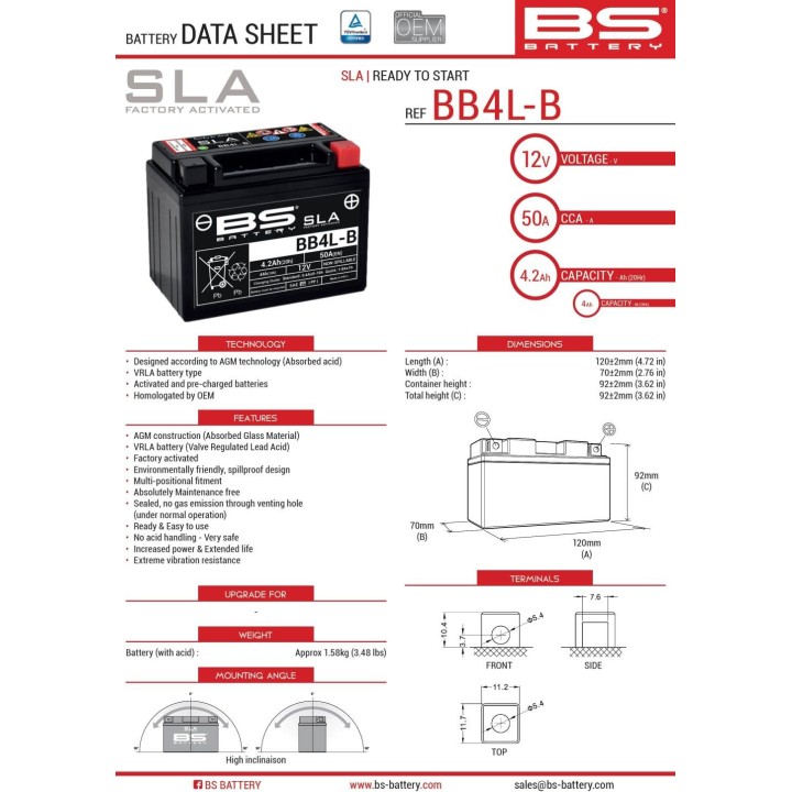 BS BATTERY BS akumulator BB4L-B (fa) (YB4L-B) 12V 4AH 120X70X92 bezobsługowy - zalany (50A) (8)