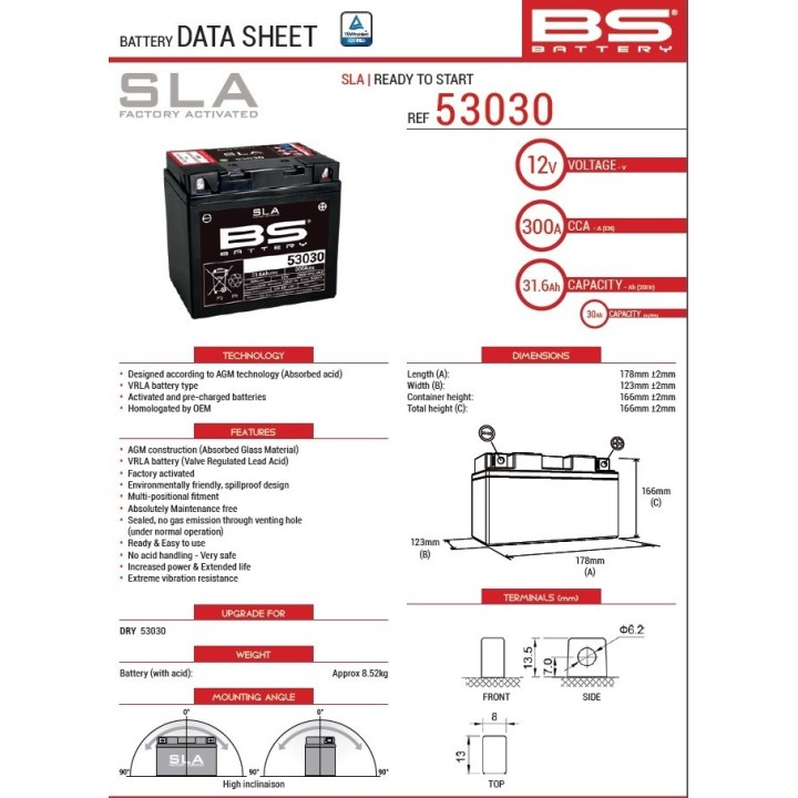BS BATTERY BS akumulator 53030 (52515) (fa) 12V 31,6AH 178X123X166 bezobsługowy - zalany (300A) bmw R60/6/7 69-84, R65 84-95, R…