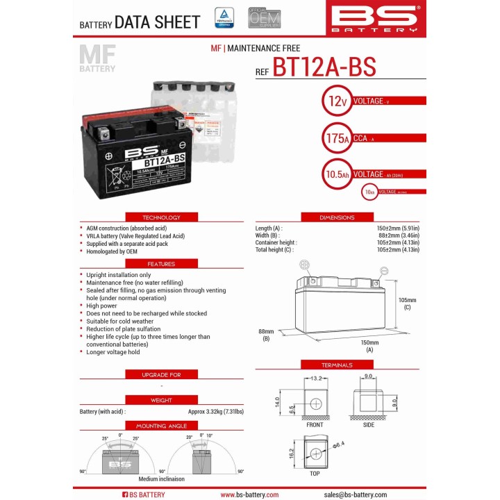 BS BATTERY BS akumulator BT12A-BS (YT12A-BS) 152X88X106 12V 10AH bezobsługowy - elektrolit osobno (175A) UE2019/1148 (4)