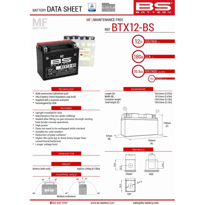 BS BATTERY BS akumulator BTX12-BS (YTX12-BS) 12V 10AH 152X88X131 bezobsługowy - elektrolit osobno (180A) UE2019/1148 (4)
