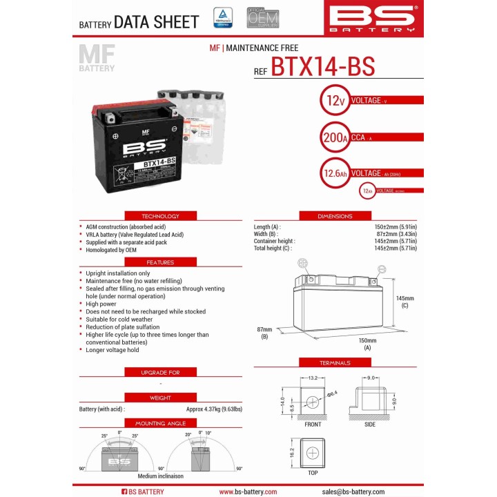 BS BATTERY BS akumulator BTX14-BS (YTX14-BS) 12V 12AH 150X87X145 bezobsługowy - elektrolit osobno (200A) UE2019/1148 (4)
