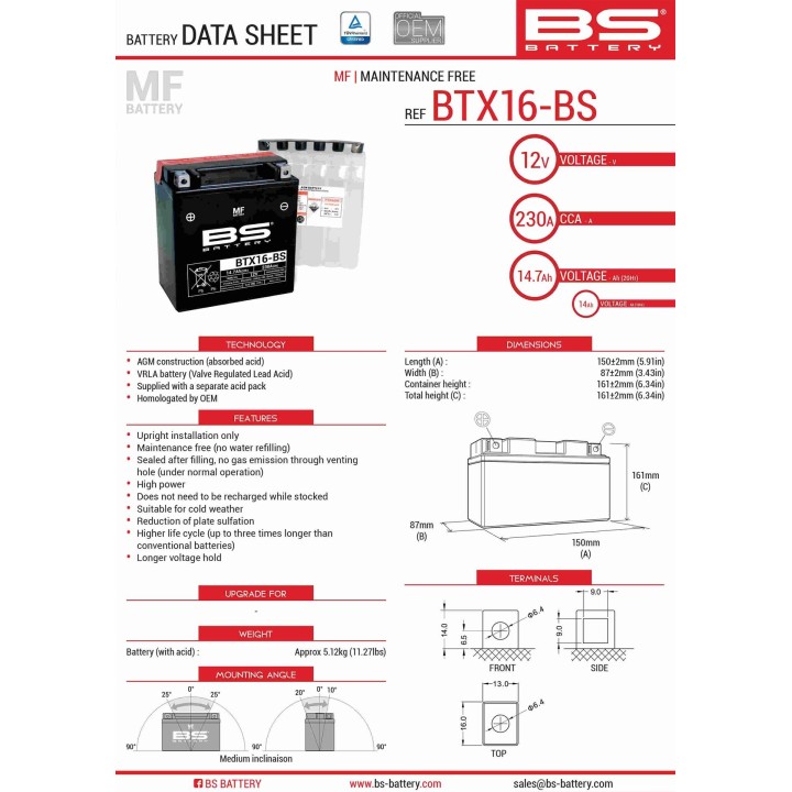 BS BATTERY BS akumulator BTX16-BS (YTX16-BS) 12V 14AH 152X88X161 bezobsługowy - elektrolit osobno (230A) UE2019/1148 (2)