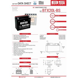 BS BATTERY BS akumulator BTX20L-BS (YTX20L-BS) 12V 18AH 175X86X154 bezobsługowy - elektrolit osobno (270A) UE2019/1148 (2)