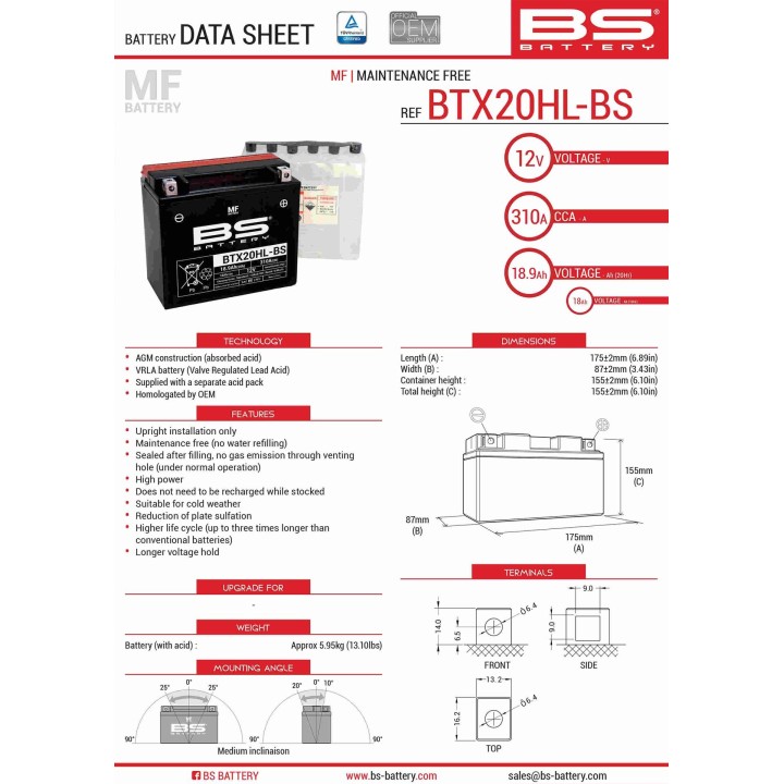 BS BATTERY BS akumulator BTX20HL-BS (YTX20HL-BS) 175X87X155 bezobsługowy - elektrolit osobno (310A) UE2019/1148 (2)