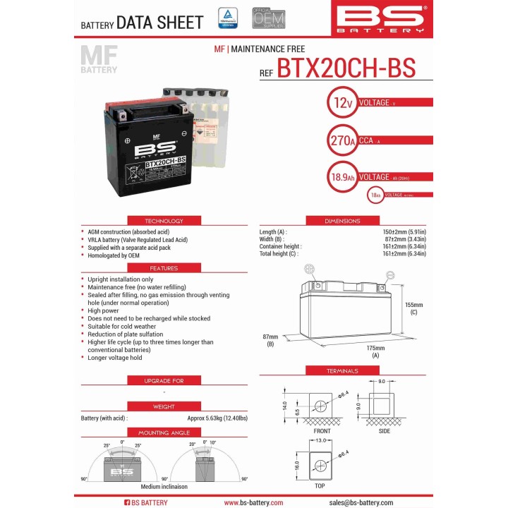 BS BATTERY BS akumulator BTX20CH-BS (YTX20CH-BS, YTX20A-BS) 12V 18AH 150X87X161 bezobsługowy - elektrolit osobno (270A) UE2019/…