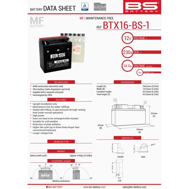 BS BATTERY BS akumulator BTX16-BS1 (YTX16-BS-1) 12V 14AH 152X88X161 bezobsługowy - elektrolit osobno (230A) UE2019/1148 (2)