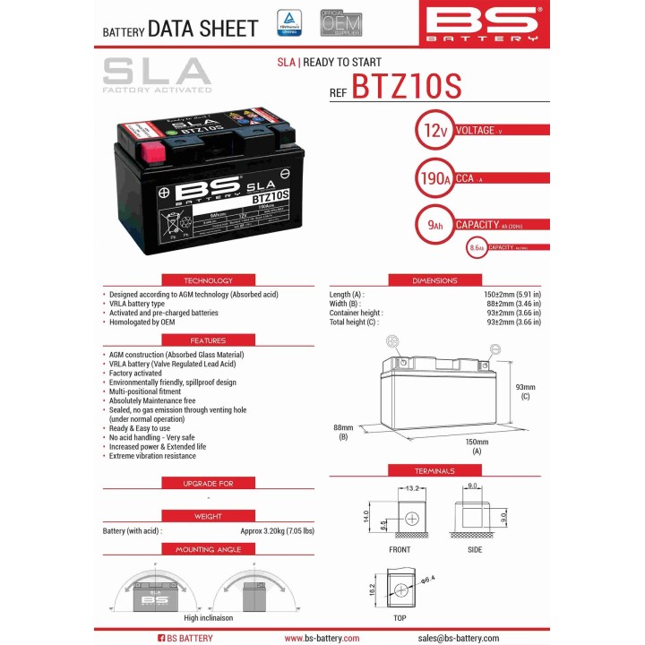 BS BATTERY BS akumulator BTZ10S (fa) (YTZ10S)12V 8,6AH 150X86X95 bezobsługowy - zalany (190A) (4)