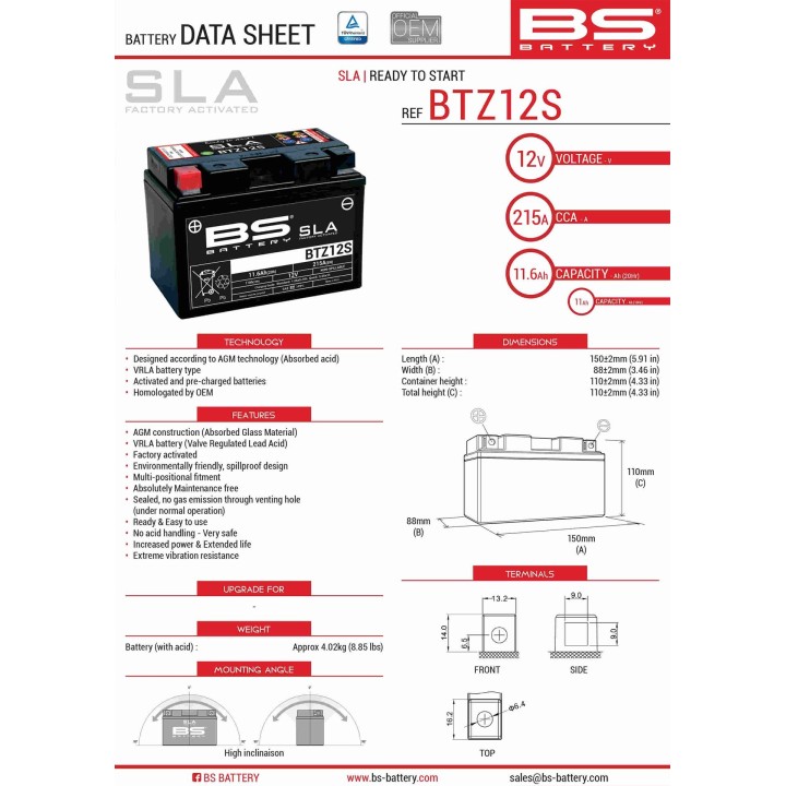BS BATTERY BS akumulator BTZ12S (fa) (YTZ12S) 12V 11AH 150X86X110 bezobsługowy - zalany (210A) (4)