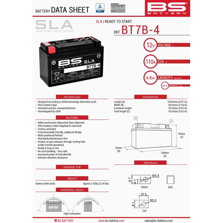 BS BATTERY BS akumulator BT7B-4 (fa) (YT7B4) 12V 6,5AH 148X64X90 bezobsługowy - zalany (85A) (8)