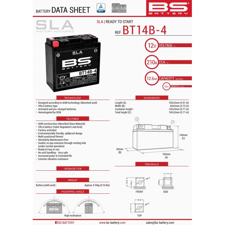 BS BATTERY BS akumulator BT14B-4 (fa) (YT14B4) 12V 12AH 150X69X145 bezobsługowy - zalany (210A) (4)
