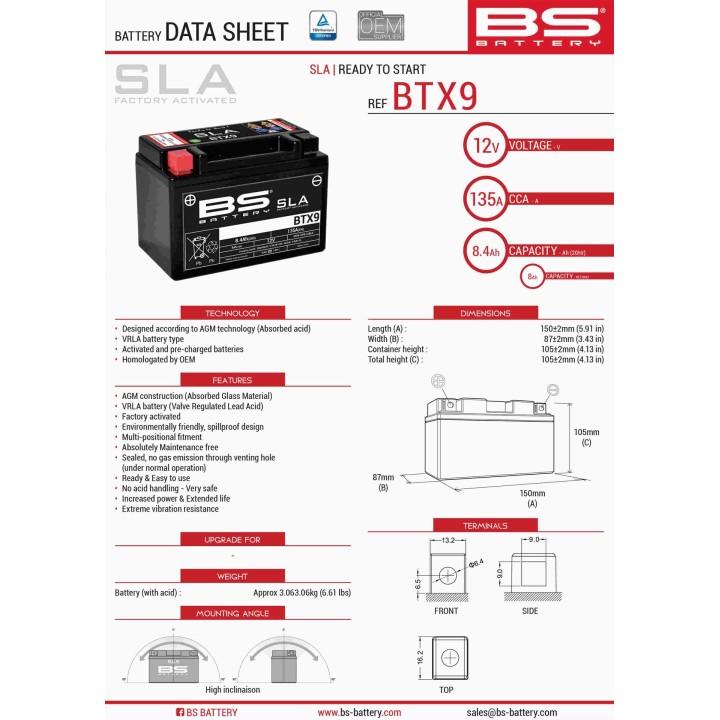 BS BATTERY BS akumulator BTX9 (fa) (YTX9-BS) 152X88X106 12V 8AH bezobsługowy - zalany (120A) (6)