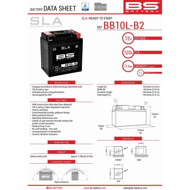 BS BATTERY BS akumulator BB10L-B2 (fa) (YB10L-B2,YB10L-A2) 12V 11AH 136X91X146 bezobsługowy - zalany (160A) - zastępuje 300834…