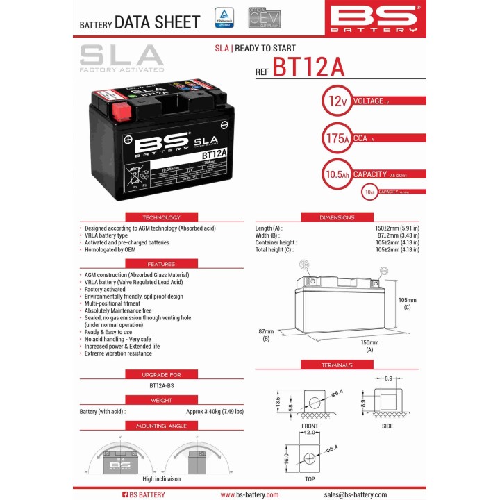 BS BATTERY BS akumulator BT12A (fa) (YT12A-BS, YT12A) 152X88X106 12V 10AH bezobsługowy - zalany (175A) (4)