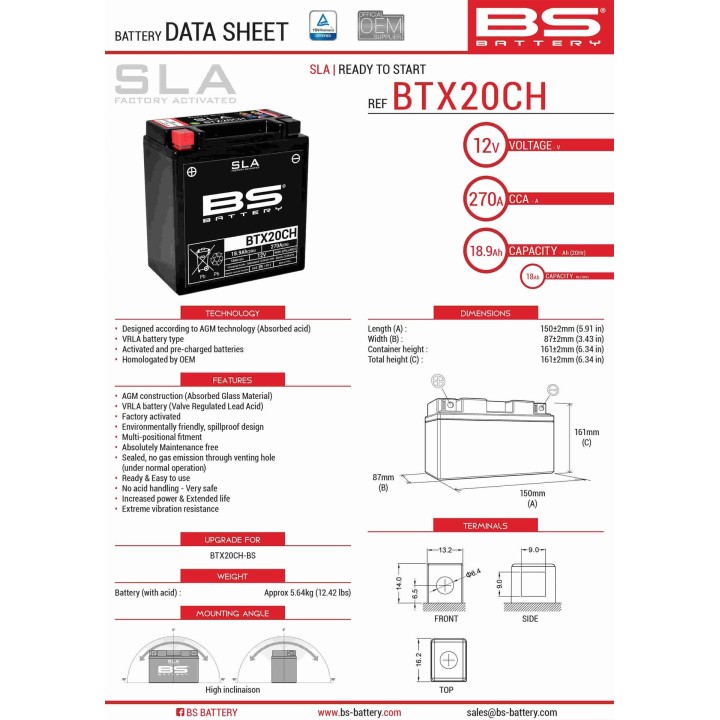 BS BATTERY BS akumulator BTX20CH (fa) (YTX20CH-BS, YTX20A-BS) 12V 18AH 150X87X161 bezobsługowy - zalany (270A) (4)