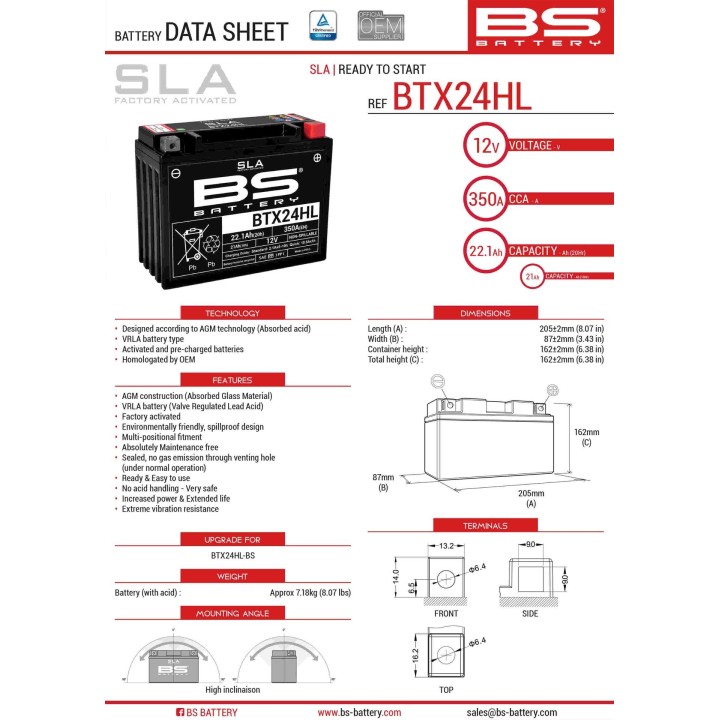 BS BATTERY BS akumulator BTX24HL (fa) (YTX24HL-BS) 12V 21AH 205X87X162 bezobsługowy - zalany (350A) - zastępuje 300755 (4)
