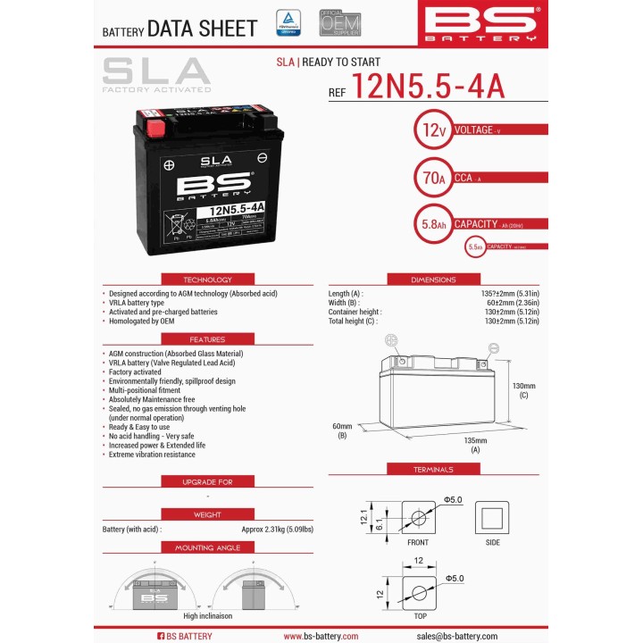 BS BATTERY BS akumulator 12N5,5-4A (fa) (12N5,5-4A) 12V 5,5AH 138X61X131 bezobsługowy - zalany (70A) (6)