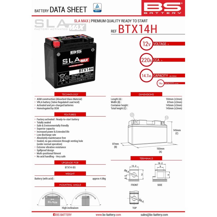 BS BATTERY BS akumulator BTX14H max (fa) (YTX14-BS) 12V 14AH 150X87X145 bezobsługowy - zalany (zwiększony prąd rozruchowy) (220…