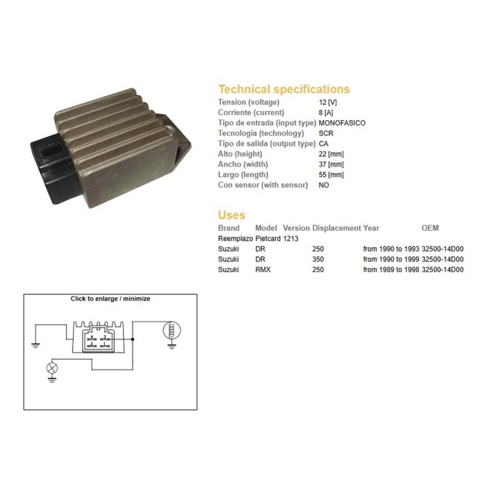 DZE regulator napięcia suzuki dr 250 '90-'93; dr 350 '90-'99; rmx 250 '89-'98 (32500-14D00) 12V/8A