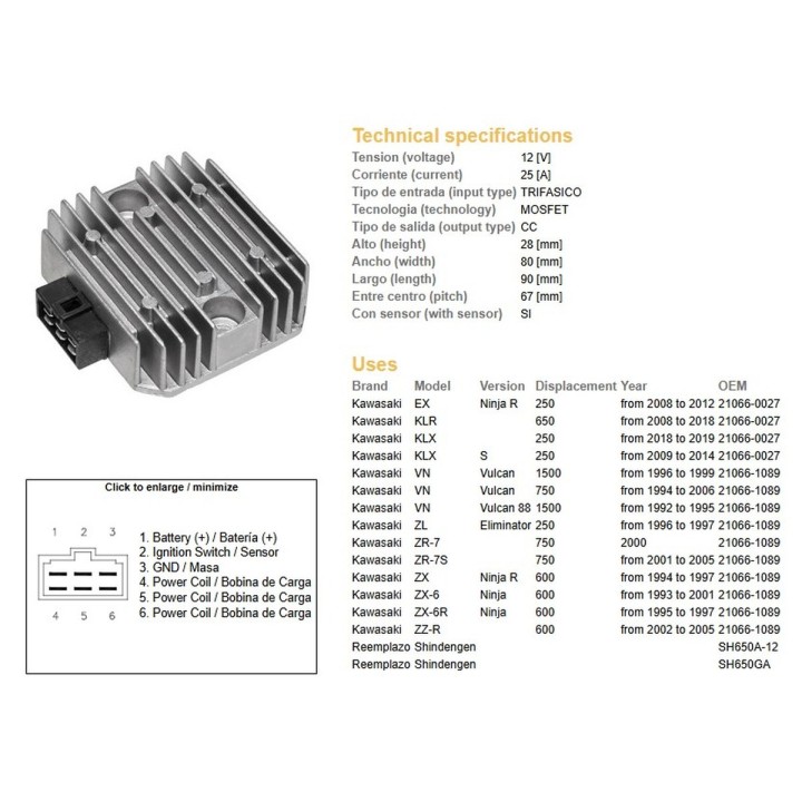 DZE regulator napięcia kawasaki ex 250 '08-'12; klx 250 '09-'19; zl 250 '96-'97 eliminator; klr 650 '08-'18; zx 600 '94-'97; ZX…