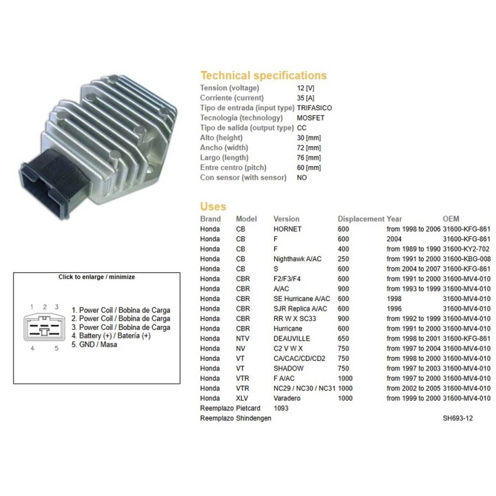 DZE regulator napięcia hond cb 250 nighthawk '91-'00; cb 600F hornet '98-'06; cbr 600F2/F3/F4 '91-'03; cbr 900RR '92-'99; vt 75…