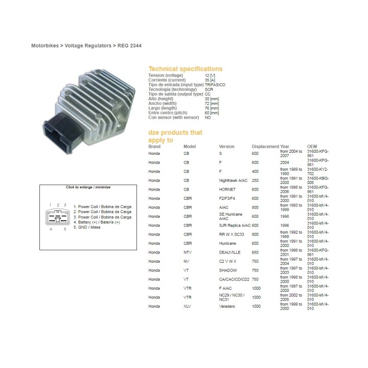 DZE regulator napięcia hond cb 250 nighthawk '91-'00; cb 600F hornet '98-'06; cbr 600F2/F3/F4 '91-'03; cbr 900RR '92-'99; vt 75…