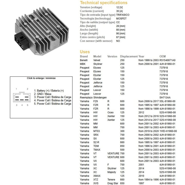 DZE regulator napięcia yamaha FZ6 '09-'17; fzr 600R '95-'99; srx 700 '00-'02; tdm 850 '96-'01; tmax 500 '00-'03; vt 700 venture…