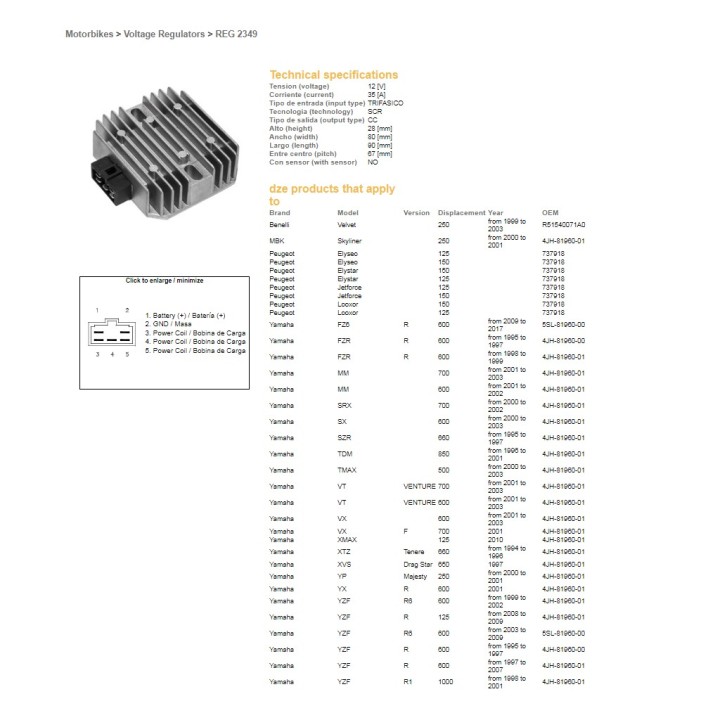 DZE regulator napięcia yamaha FZ6 '09-'17; fzr 600R '95-'99; srx 700 '00-'02; tdm 850 '96-'01; tmax 500 '00-'03; vt 700 venture…