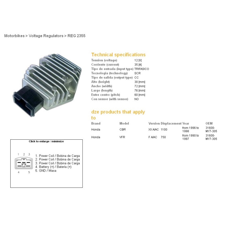 DZE regulator napięcia honda cb 600F '02-'06; cbf 500 '04-'07; cbr 1100XX '96-'98; fes 125/150/250 '97-'03; nes 125/150/250 '01…