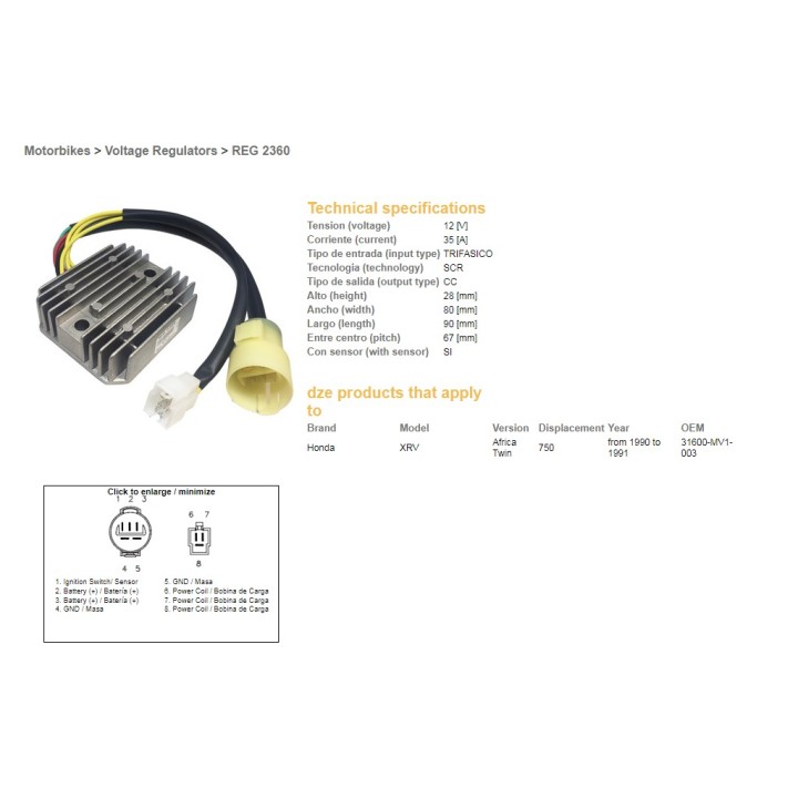 DZE regulator napięcia honda xrv 750 africa twin '90-'91 (OEM-31600-MV1-003) (35A)