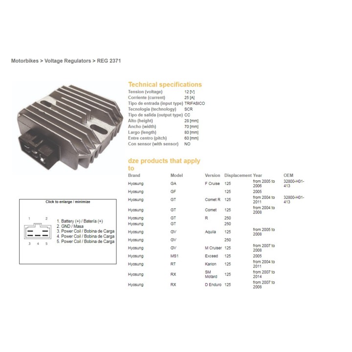 DZE regulator napięcia hyosung ga/gf/gt/gv/rx 125 '04-'11 (32800-H01-413) (12V/25A)