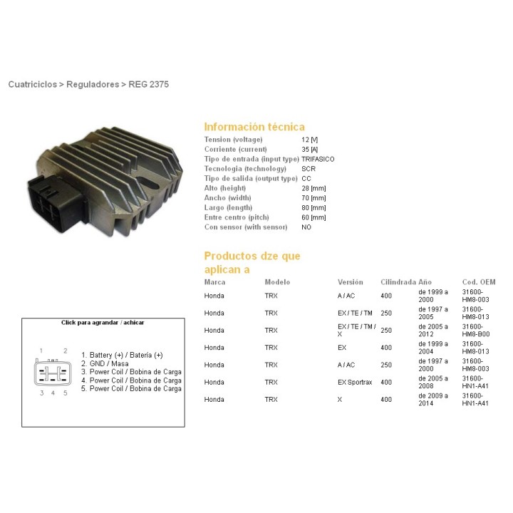 DZE regulator napięcia honda trx 400EX sportrax '99-'04; trx 250 recon '97-'11 (ESR585)