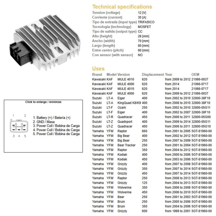 DZE regulator napięcia yamaha yfm 125/250/350/400/450/600/660 (rapror;big bear; kodiak;grizzly; bruin); suzuki LTZ400 quadracer…