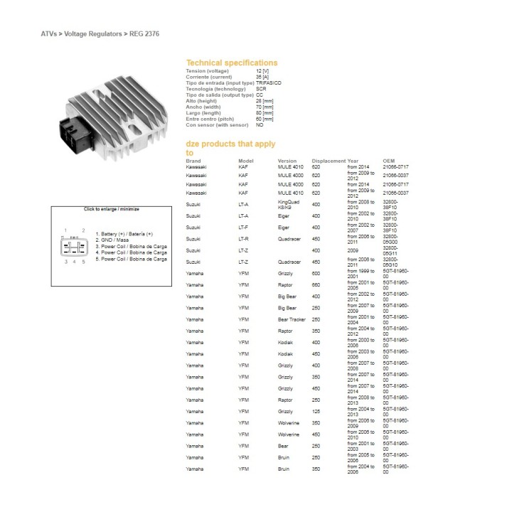 DZE regulator napięcia yamaha yfm 125/250/350/400/450/600/660 (rapror;big bear; kodiak;grizzly; bruin); suzuki LTZ400 quadracer…