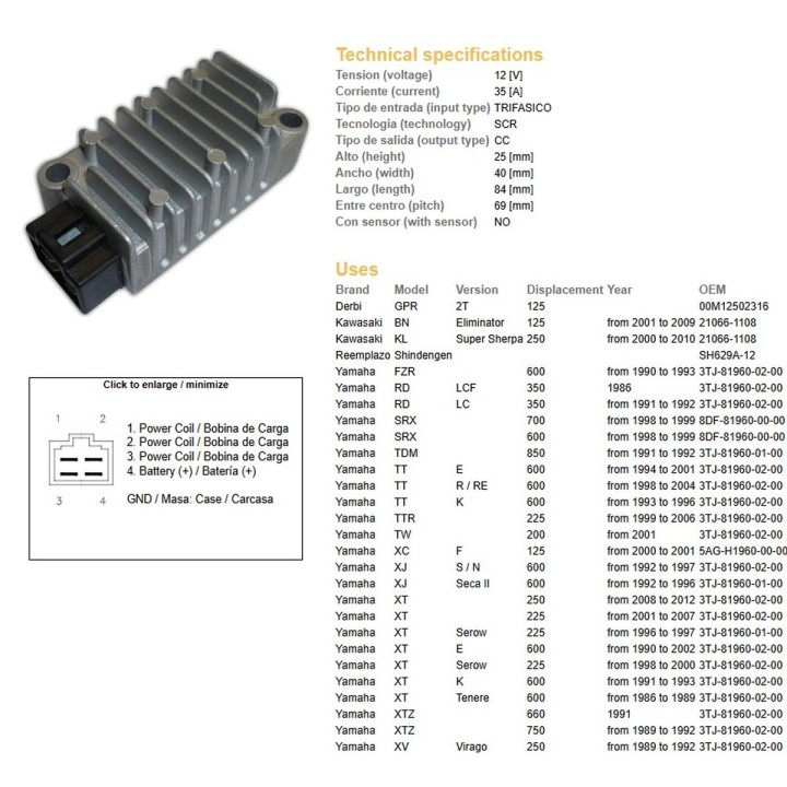 DZE regulator napięcia yamaha xt 225 serow '98-'03; xt 250 '08-'12; xt 600E/K '91-'02; xt 600Z tenere '86-'89; xtz 750 super te…
