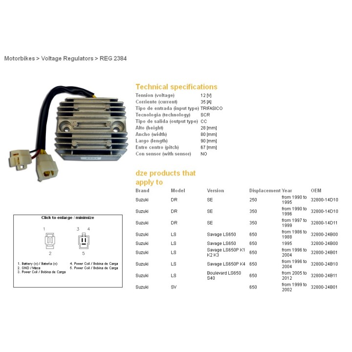 DZE regulator napięcia suzuki dr 250SE '90-'95; dr 350SE '90-'99; ls 650 savage '95-'12; sv 650 '99-'02; cagiva 650 raptor '01-…