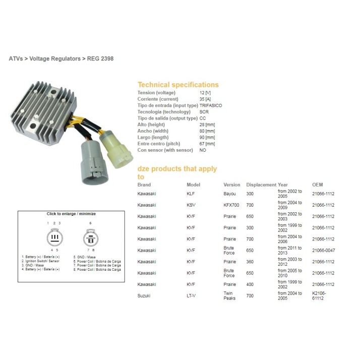 DZE regulator napięcia kawasaki klf 300 bayou '02-'05; kvf 300 prairie '99-'02; kfv 650 brute force '05-'10; kfx 700 '04-'09; s…