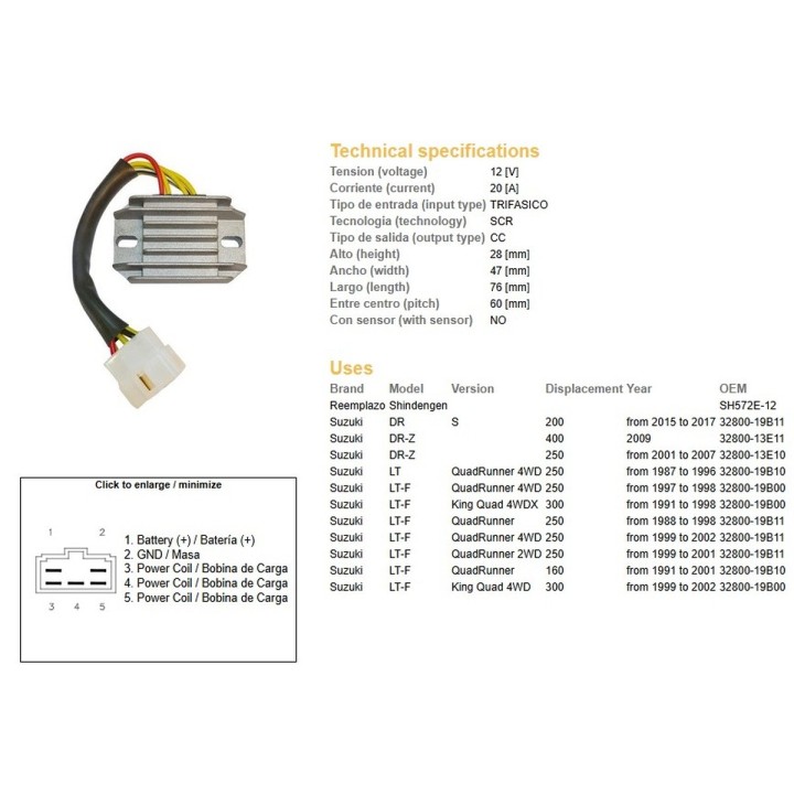 DZE regulator napięcia suzuki lt-f 160 '91-'01; lt-f 250 quadrunner '87-'98; lt-f 300 'king quad '91-'98; dr-z 250 '01-'07; dr-…