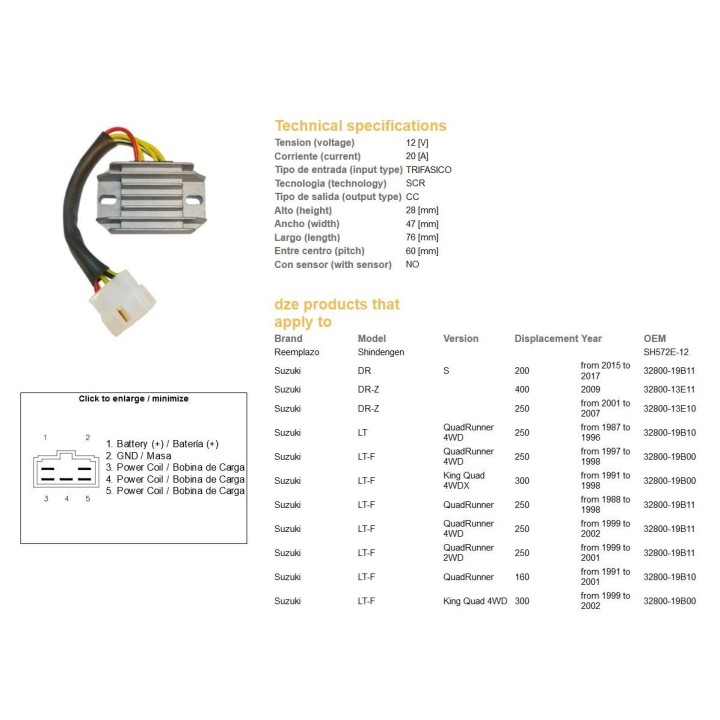 DZE regulator napięcia suzuki lt-f 160 '91-'01; lt-f 250 quadrunner '87-'98; lt-f 300 'king quad '91-'98; dr-z 250 '01-'07; dr-…