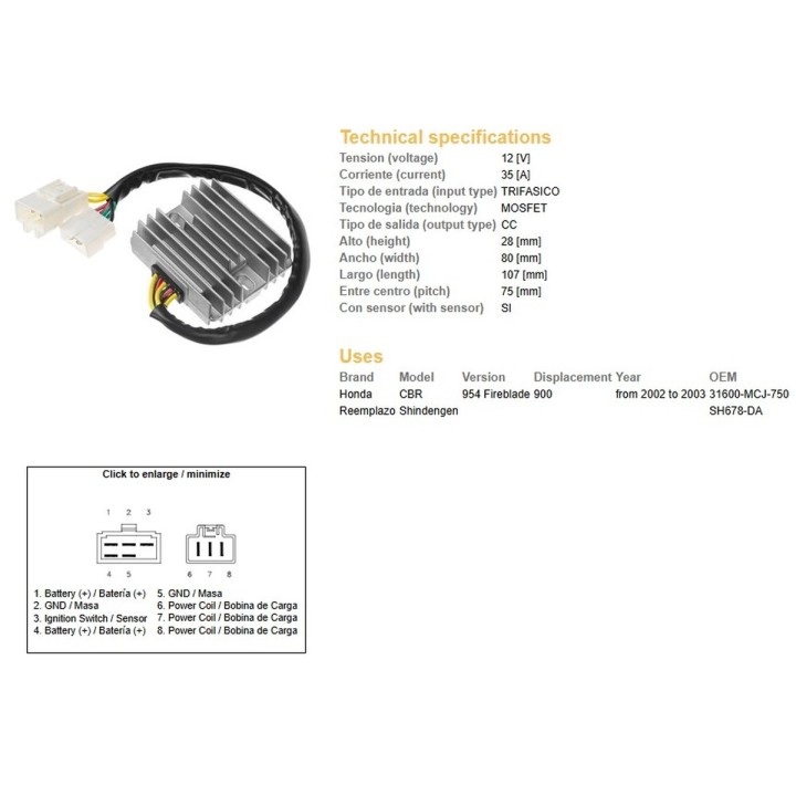 DZE regulator napięcia honda cbr 900RR '02-'03 (CBR954) (ESR690) (31600-MCJ-750) (SH678DA) (35A)